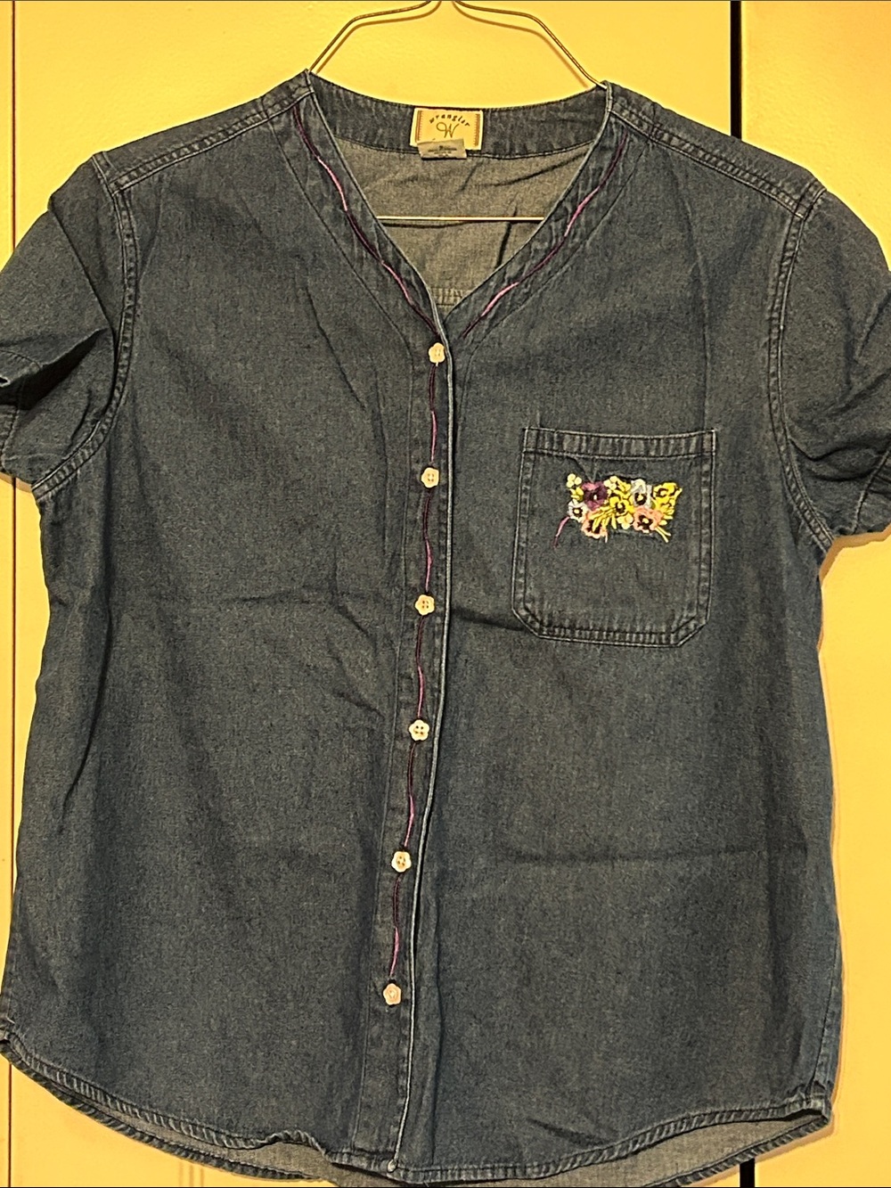 Wrangler Dark Blue Denim Short-Sleeve Button Front Top with Embroidered Pocket